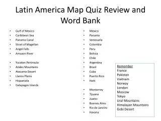 Latin America Map Quiz Review and Word Bank