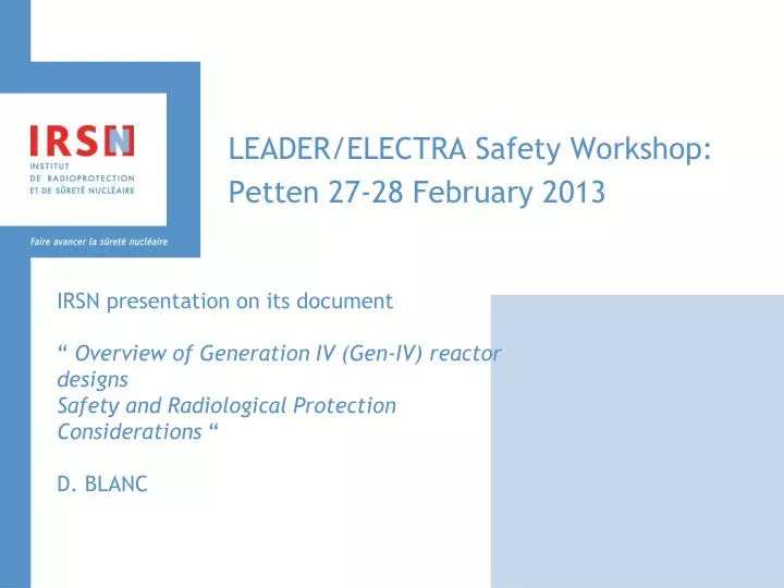 leader electra safety workshop petten 27 28 february 2013