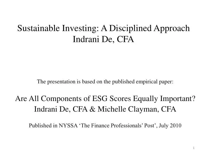 sustainable investing a disciplined approach indrani de cfa