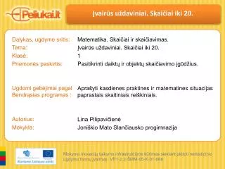 Dalykas, ugdymo sritis: Tema: Klasė: Priemonės paskirtis: