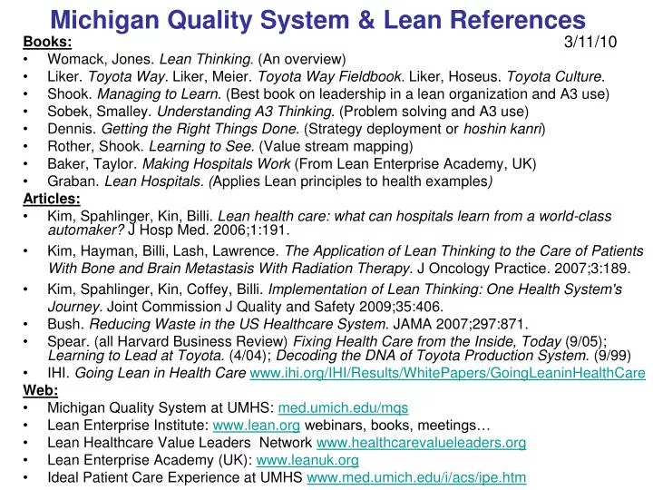 michigan quality system lean references