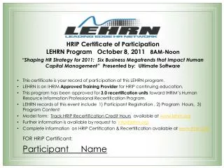 FOR HRIP Certificant: Participant Name