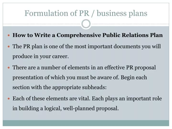 formulation of pr business plans