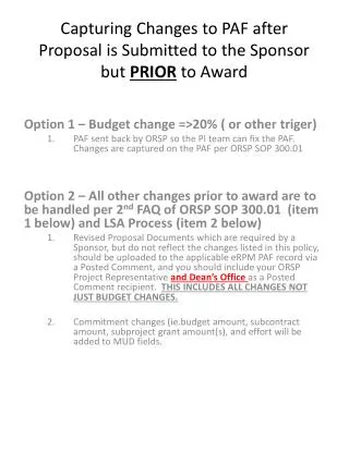 Capturing Changes to PAF after Proposal is Submitted to the Sponsor but PRIOR to Award