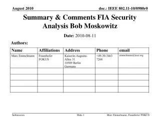 Summary &amp; Comments FIA Security Analysis Bob Moskowitz