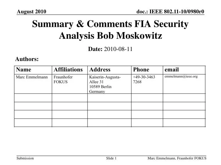 summary comments fia security analysis bob moskowitz