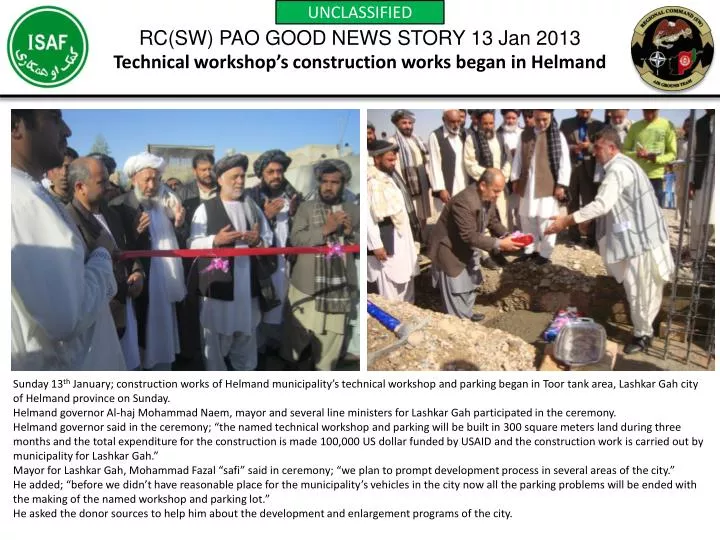 rc sw pao good news story 13 jan 2013 technical workshop s construction works began in helmand