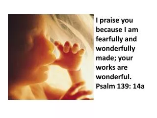 I praise you because I am fearfully and wonderfully made; your works are wonderful. Psalm 139: 14a