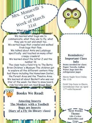 Mrs . Monacelli`s Class Week of March 31st