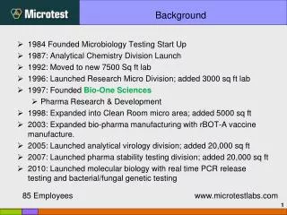 1984 Founded Microbiology Testing Start Up 1987: Analytical Chemistry Division Launch