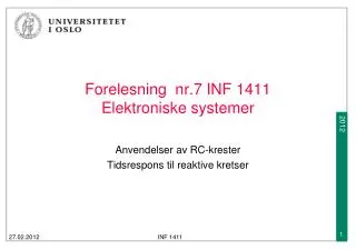 Forelesning nr.7 INF 1411 Elektroniske systemer