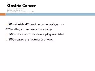 Worldwide :4 th most common malignancy 2 nd leading cause cancer mortality