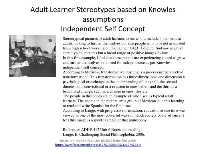 adult learner stereotypes based on knowles assumptions independent self concept
