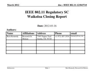 IEEE 802.11 Regulatory SC Waikoloa Closing Report