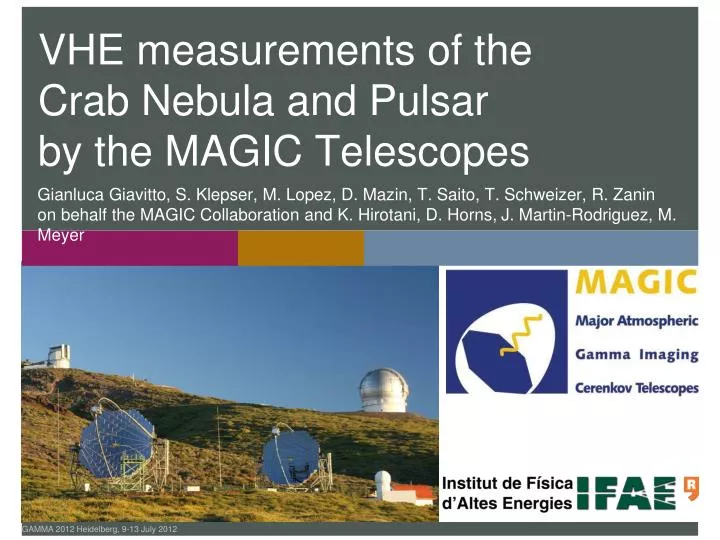 vhe measurements of the crab nebula and pulsar by the magic telescopes