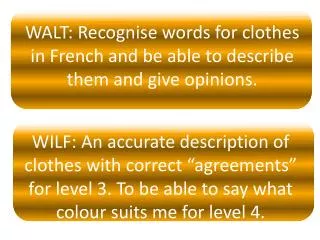 WALT: Recognise words for clothes in French and be able to describe them and give opinions.