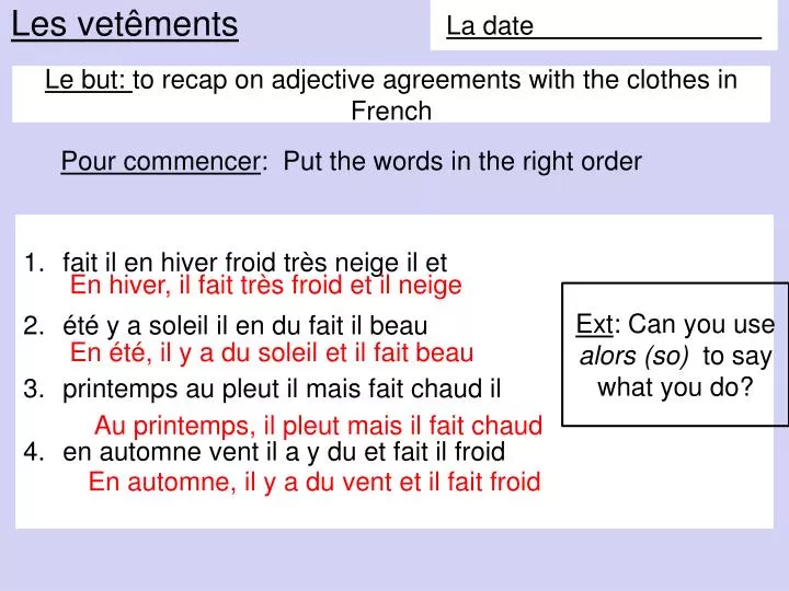 le but to recap on adjective agreements with the clothes in french
