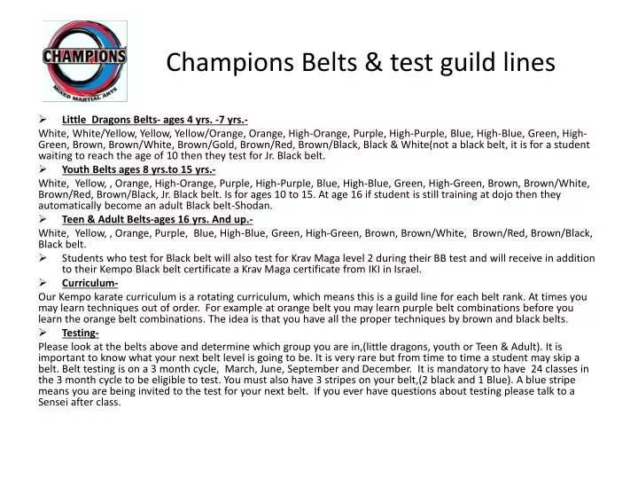 champions belts test guild lines