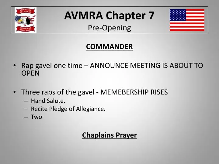 avmra chapter 7 pre opening
