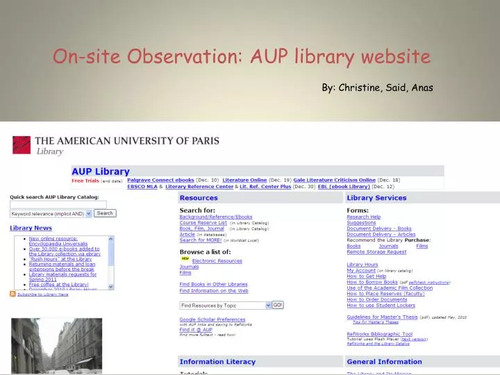 on site observation aup library website