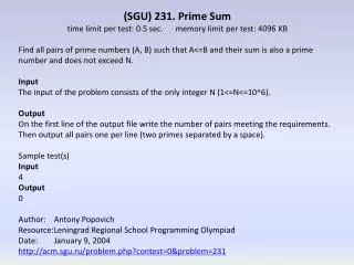 (SGU) 231 . Prime Sum time limit per test: 0.5 sec.	 memory limit per test: 4096 KB