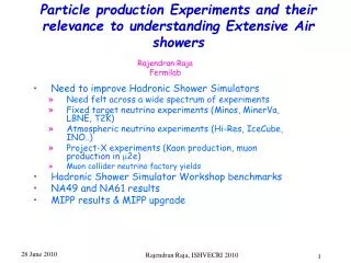 Particle production Experiments and their relevance to understanding Extensive Air showers