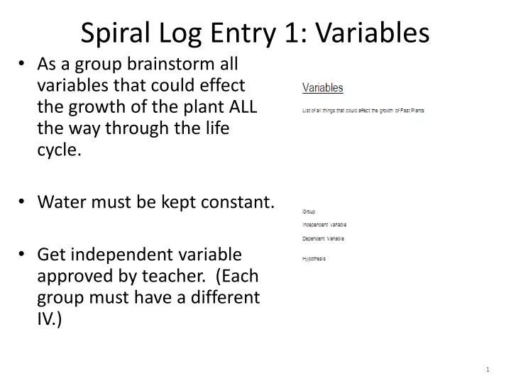 spiral log entry 1 variables