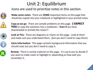 Unit 2: Equilibrium Icons are used to prioritize notes in this section.