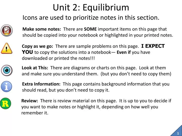 unit 2 equilibrium icons are used to prioritize notes in this section