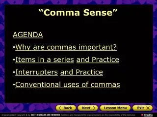 AGENDA Why are commas important? Items in a series and Practice Interrupters and Practice