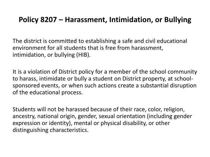 policy 8207 harassment intimidation or bullying