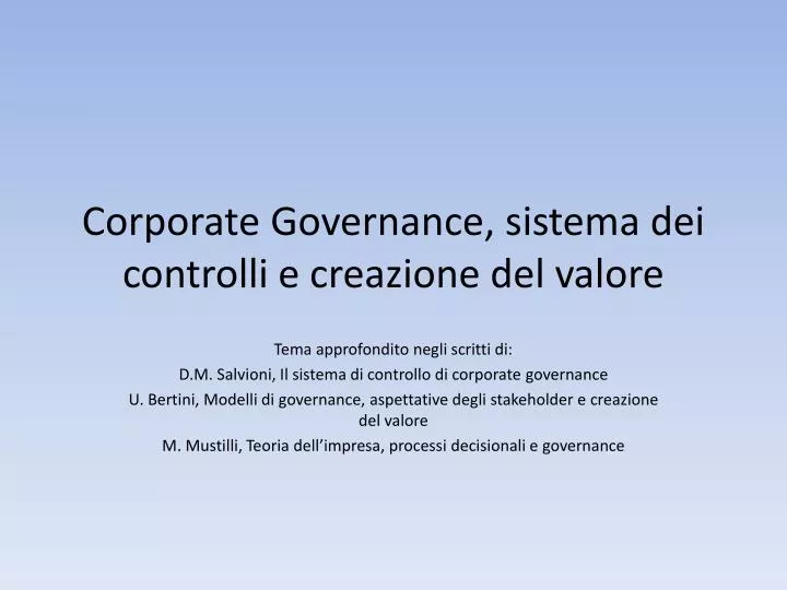 corporate governance sistema dei controlli e creazione del valore