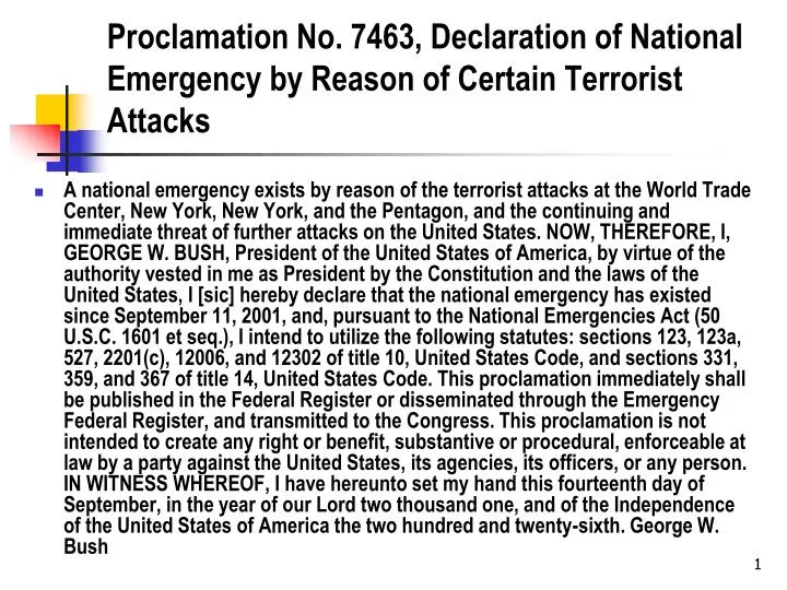 proclamation no 7463 declaration of national emergency by reason of certain terrorist attacks