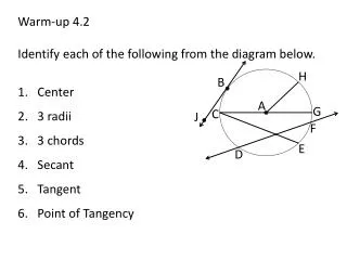 Warm-up 4.2 Identify each of the following from the diagram below. Center 3 radii 3 chords Secant