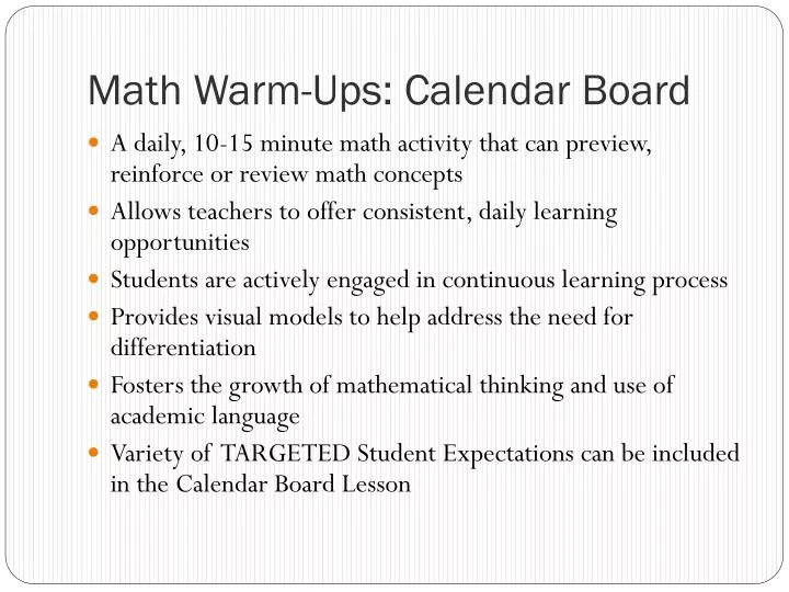 math warm ups calendar board