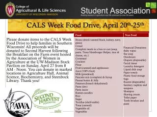 CALS Week Food Drive, April 20 th - 25 th