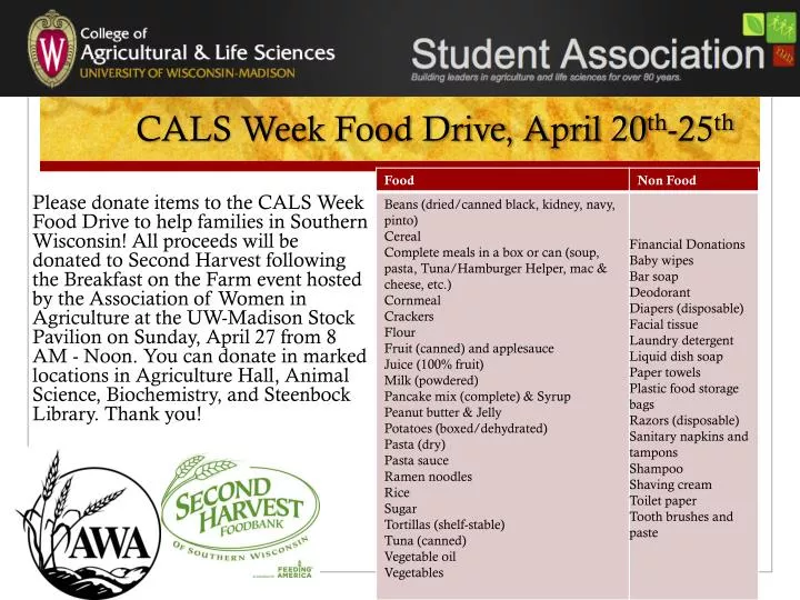 cals week food drive april 20 th 25 th