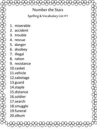 Number the Stars Spelling &amp; Vocabulary List #1