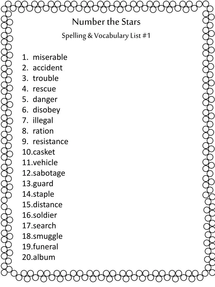 number the stars spelling vocabulary list 1