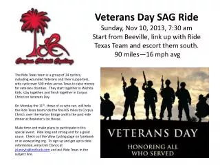 Veterans Day SAG Ride Sunday, Nov 10, 2013, 7 :30 am