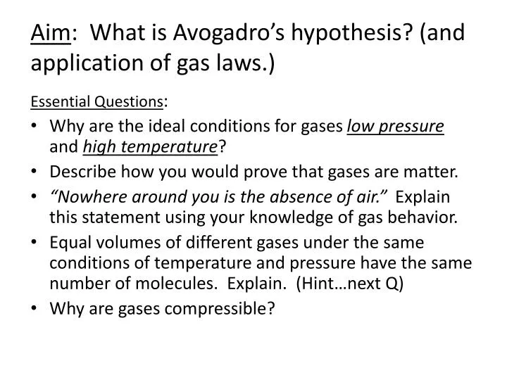 aim what is avogadro s hypothesis and application of gas laws