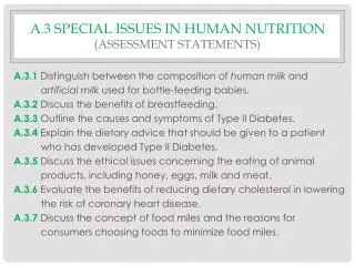 A.3 Special Issues in Human Nutrition (Assessment statements)