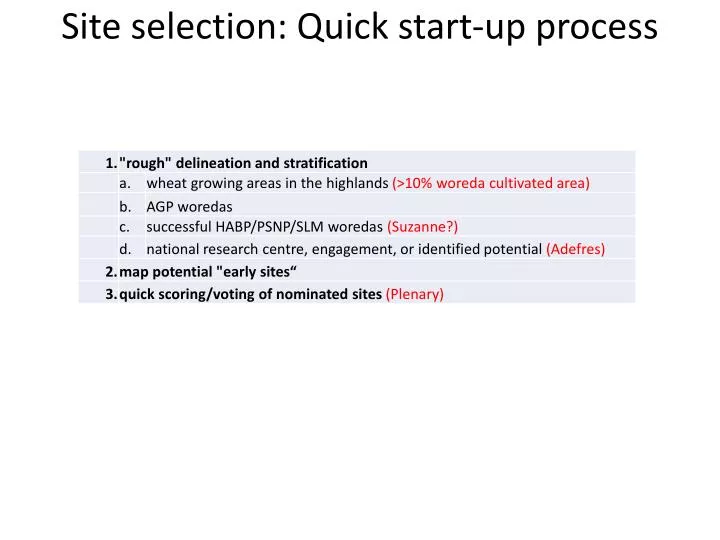 site selection quick start up process