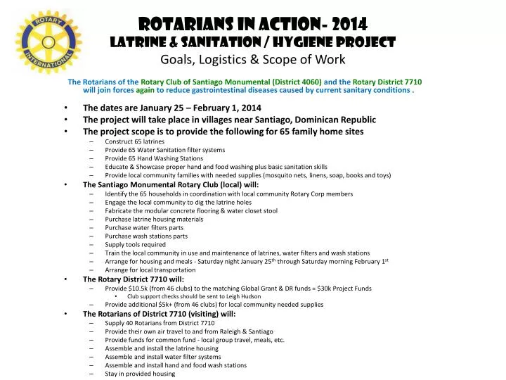 rotarians in action 2014 latrine sanitation hygiene project goals logistics scope of work