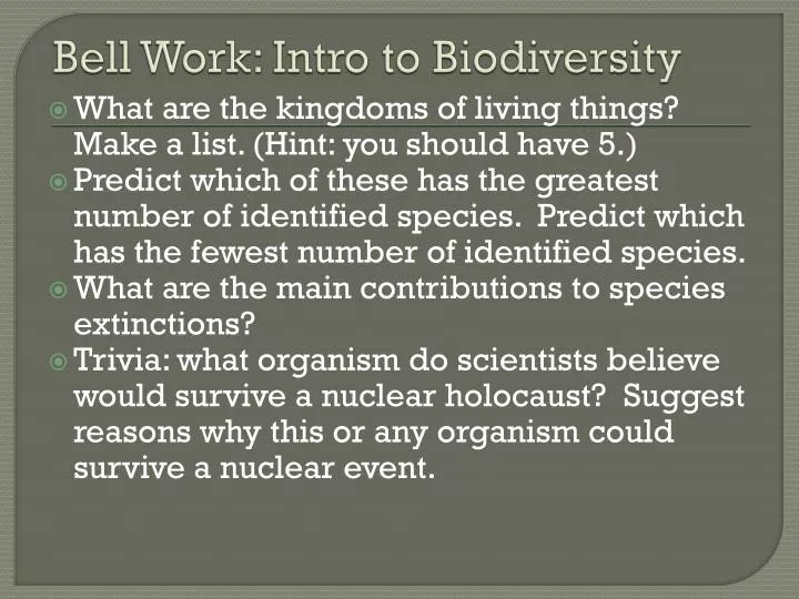 bell work intro to biodiversity