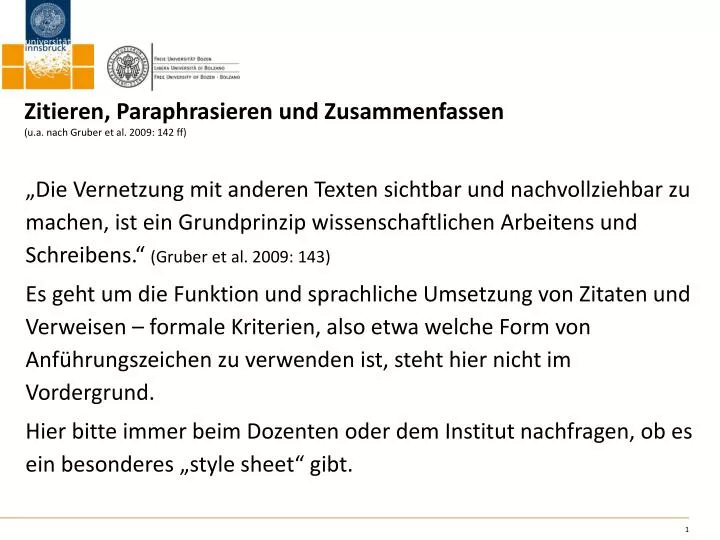 zitieren paraphrasieren und zusammenfassen u a nach gruber et al 2009 142 ff