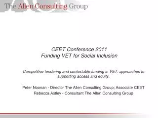 CEET Conference 2011 Funding VET for Social Inclusion