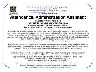 Attendance/ Administration Assistant Required 1 st September 2014