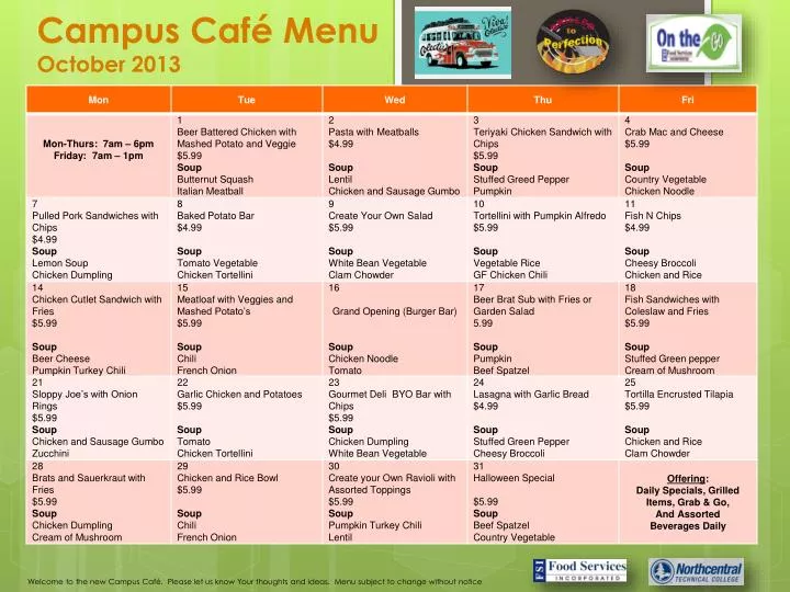 campus caf menu october 2013