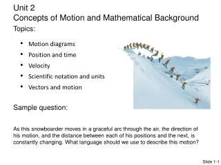 Motion diagrams Position and time Velocity Scientific notation and units Vectors and motion